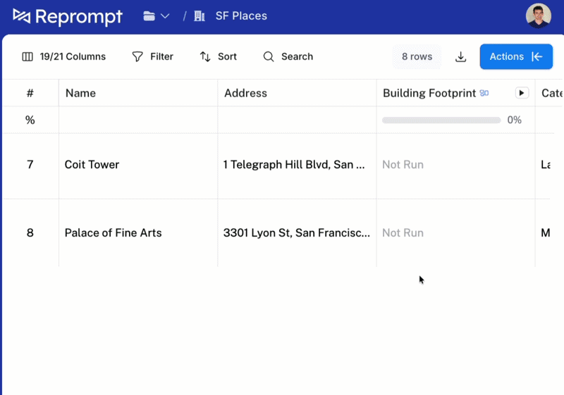 Building footprint research: an annotated aerial and street-level imagery feed a structured Reprompt attribute card — building footprint, building type, and access restrictions